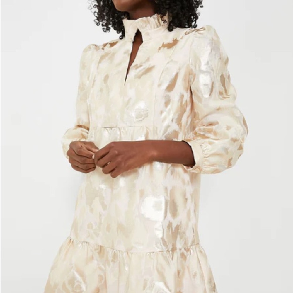 Tuckernuck Pearl Cream Metallic Long-Sleeve Ruffle Neck Dress